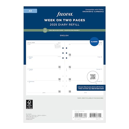 Filofax Calendar Diary Refill, A5 Size, Week-to-View, White Paper, Unruled, English, 2025 (C68522-25) - Image 1
