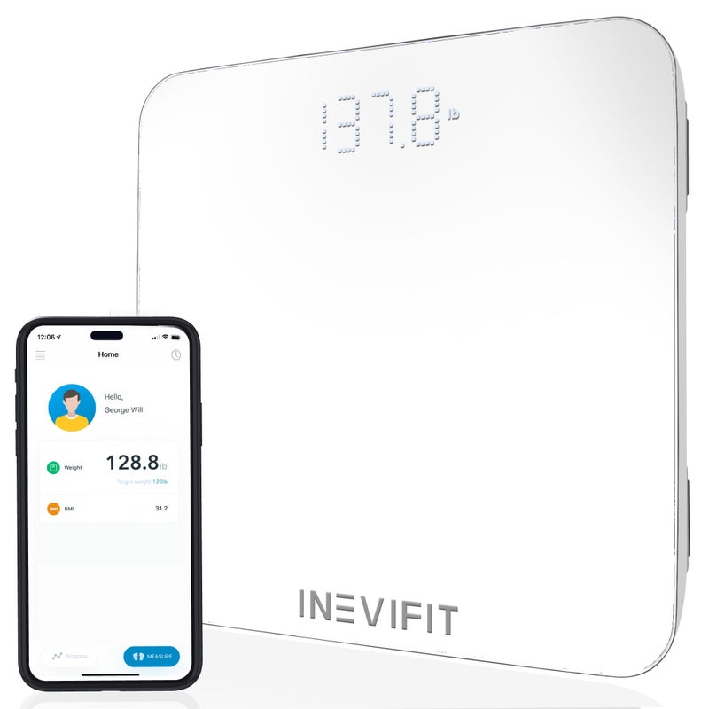 INEVIFIT Smart Bathroom Scale Highly Accurate Bluetooth Digital Bathroom Body Weight Scale Precisely Measures Weight BMI for Unlimited Users SWhite