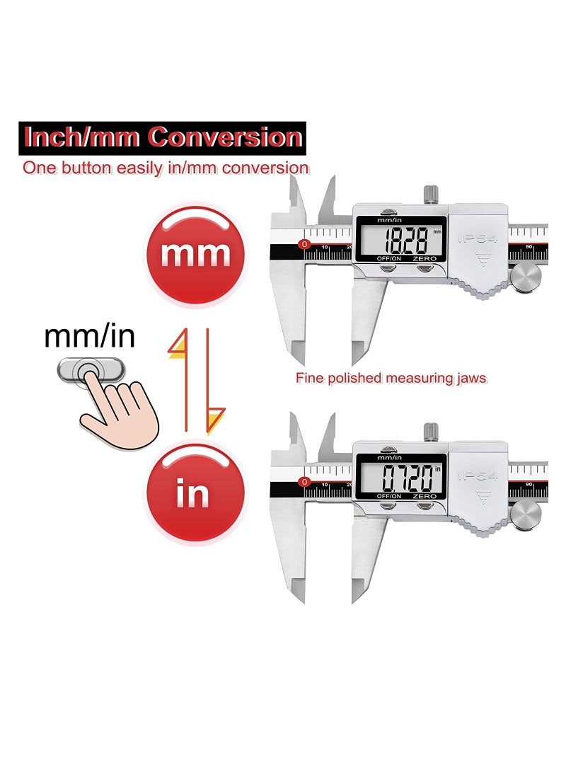 Digital Calipers, IP54 Electronic Caliper Measuring Tool Micrometer Stainless Steel 8 inch /200mm Vernier Caliper Ruler Woodworking Measure Tool with LCD Display  - Image 4