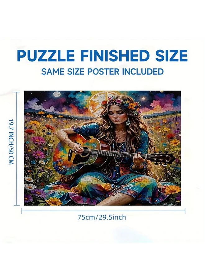 1000 Pcs Hippie Girl In Flower Field Colorful Guitar Puzzle For Adults Family Fun - Image 4
