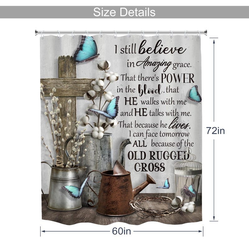 MESHELLY Rustic Farmhouse Christian Shower Curtain 60Wx72H Vintage Bible Verse Bathroom Decor Inspirational Quotes Blue Butterfly Scriptures Motivational Country Shower Curtain Fabric with 12 Hooks - Image 3