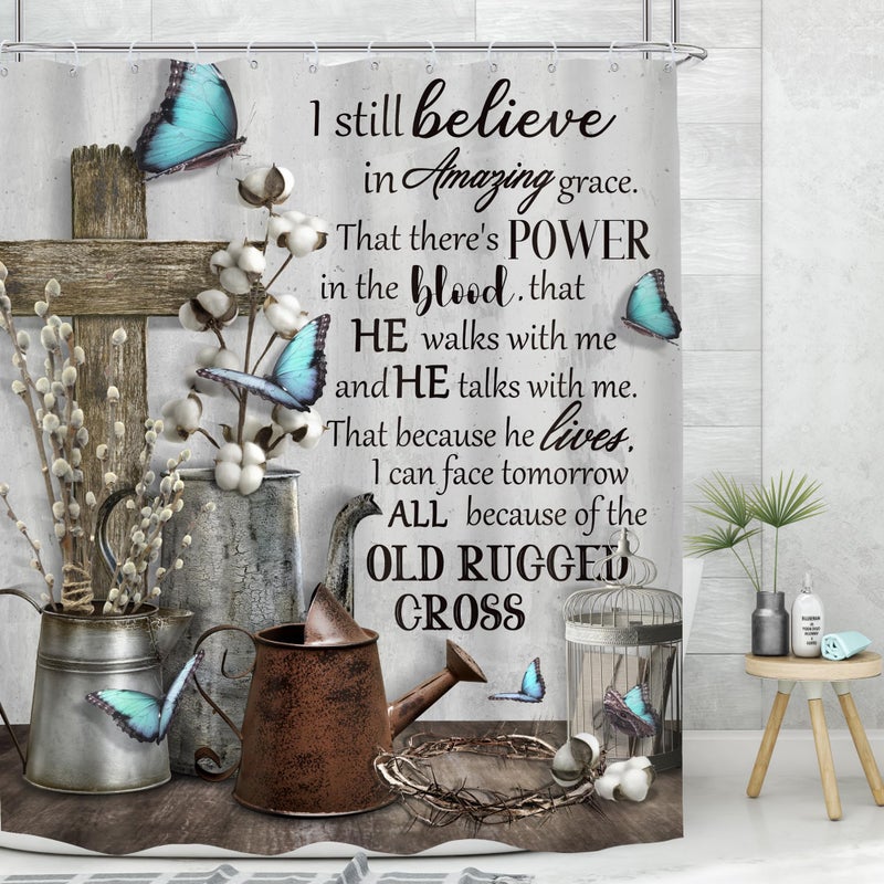 MESHELLY Rustic Farmhouse Christian Shower Curtain 60Wx72H Vintage Bible Verse Bathroom Decor Inspirational Quotes Blue Butterfly Scriptures Motivational Country Shower Curtain Fabric with 12 Hooks - Image 2