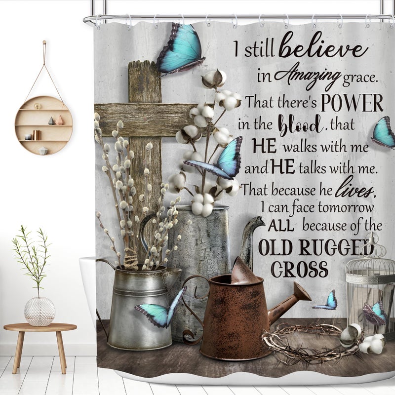 MESHELLY Rustic Farmhouse Christian Shower Curtain 60Wx72H Vintage Bible Verse Bathroom Decor Inspirational Quotes Blue Butterfly Scriptures Motivational Country Shower Curtain Fabric with 12 Hooks - Image 1