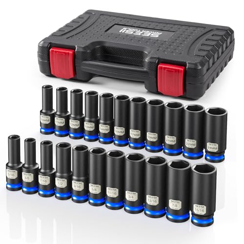 Seesii 1/2" Drive Deep Impact Socket Set, SAE & Metric Sockets (5/16"-15/16" & 10-24mm), Professional CR-MO Steel, 6-Point for Impact Wrench, Automotive & Truck Repair Tool Kit - Image 1