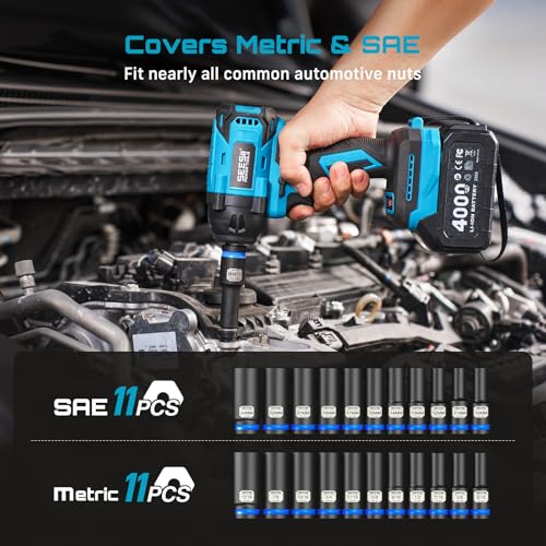 Seesii 1/2" Drive Deep Impact Socket Set, SAE & Metric Sockets (5/16"-15/16" & 10-24mm), Professional CR-MO Steel, 6-Point for Impact Wrench, Automotive & Truck Repair Tool Kit - Image 3