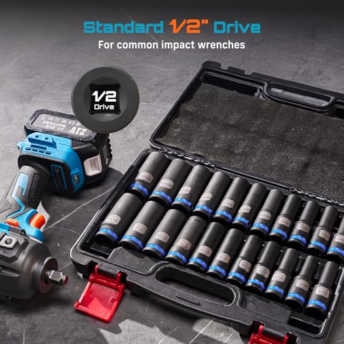 Seesii 1/2" Drive Deep Impact Socket Set, SAE & Metric Sockets (5/16"-15/16" & 10-24mm), Professional CR-MO Steel, 6-Point for Impact Wrench, Automotive & Truck Repair Tool Kit - Image 5