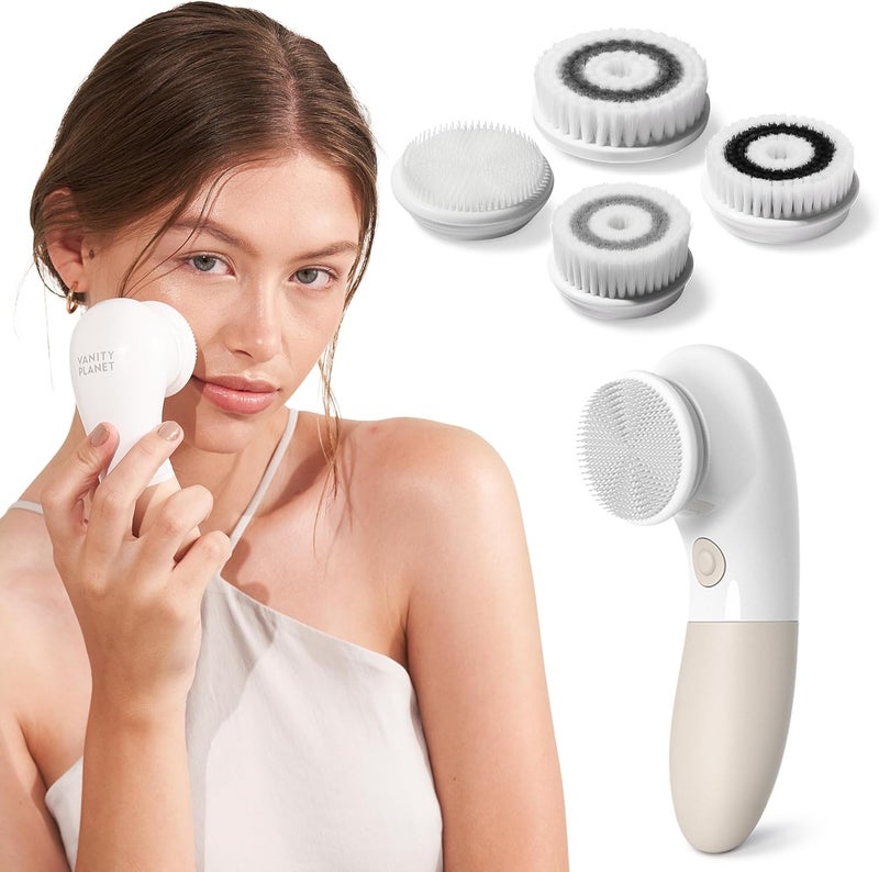 Vanity Planet Raedia Handheld Facial Cleansing Brush with 4 Interchangeable Brush Heads by - Lightweight Daily Cleansing Brush for Glowing Skin - Water Resistant Face Exfoliator - Warm Grey - Image 1