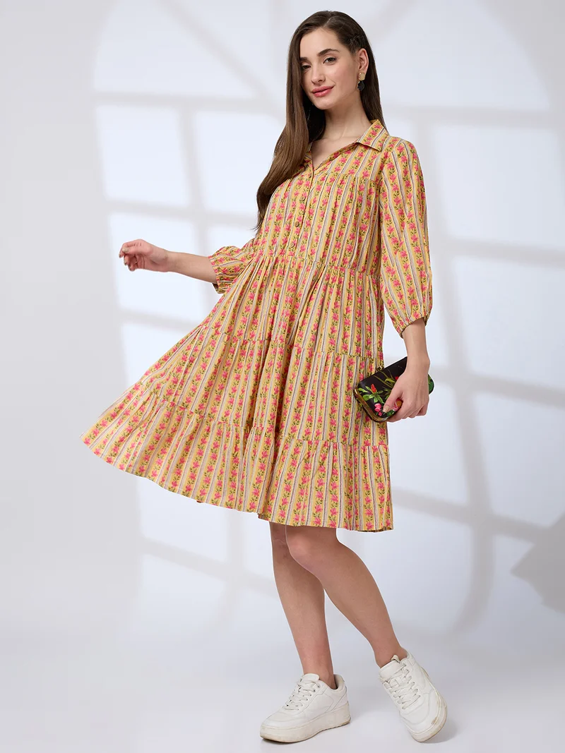 جلو باص Globus Women Shirt Collar Regular Sleeves Floral Print A-Line Tiered Work Wear Dress