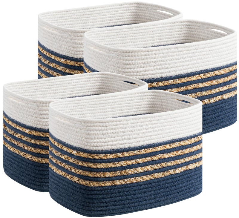 UBBCARE 4 Pack Baskets for Organizing, Woven Storage Baskets for Toys and Towel, Rectangle Cotton Rope Basket with Handles, 14''L x 8''W x9''H, Navy Blue - Image 1