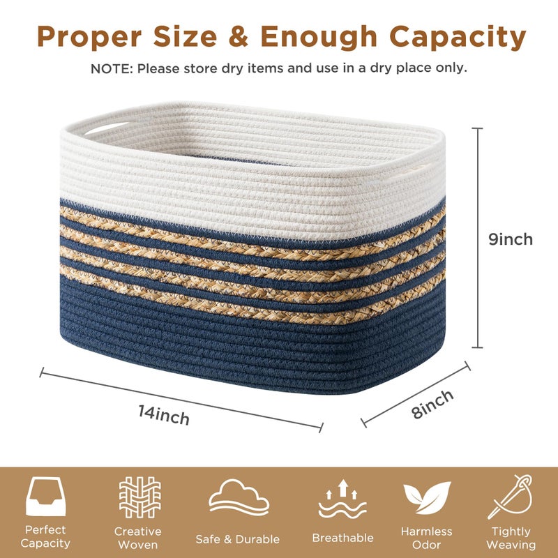UBBCARE 4 Pack Baskets for Organizing, Woven Storage Baskets for Toys and Towel, Rectangle Cotton Rope Basket with Handles, 14''L x 8''W x9''H, Navy Blue - Image 2