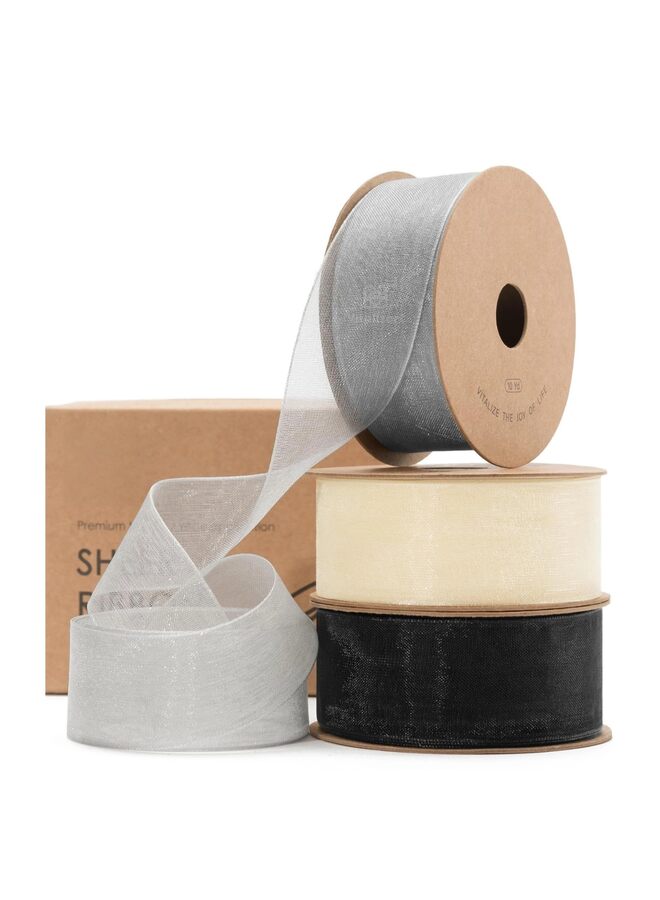 مجموعة من 3 قطع من شرائط الأورجانزا الملونة الشفافة المصنوعة يدوياً، مناسبة لتغليف الهدايا، والأقواس، ودعوات الزفاف، وتغليف أكاليل الزهور (أسود، رمادي، مشمشي). - Image 1