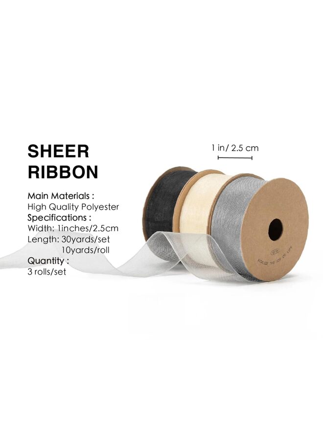 مجموعة من 3 قطع من شرائط الأورجانزا الملونة الشفافة المصنوعة يدوياً، مناسبة لتغليف الهدايا، والأقواس، ودعوات الزفاف، وتغليف أكاليل الزهور (أسود، رمادي، مشمشي). - Image 2