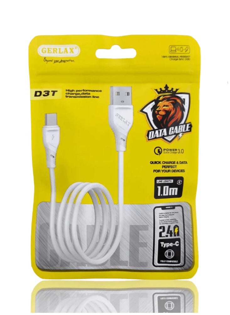 جيرلاكس كابل شحن ونقل بيانات USB إلى Type-c، ذكر إلى ذكر D3T، آمن ومستقر، متوافق للغاية، كابل شحن ونقل بيانات عالي السرعة للهواتف الذكية والكمبيوتر الشخصي، 1 متر عالي الجودة - أبيض  - Image 2