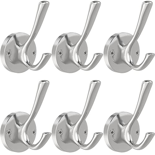 TOFIIGREM Brushed Nickel Wall Hooks, 6 Pack Coat Robe Hook Heavy Duty Metal Double Bath Hook Wall Mounted, Hand Towel Hooks for Cubicle Bathroom Kitchen Closet Garage - Image 1