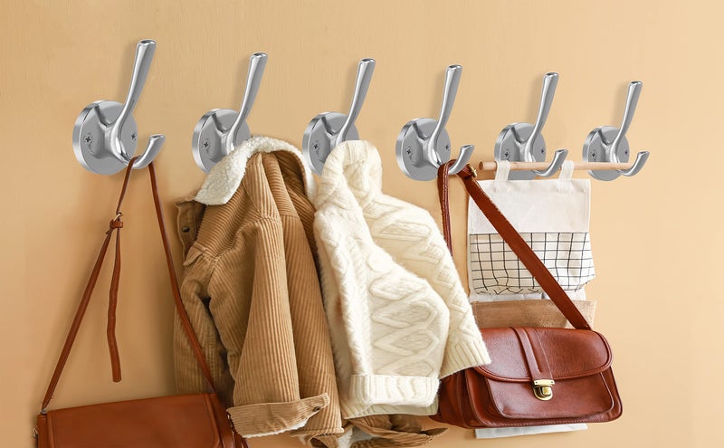 TOFIIGREM Brushed Nickel Wall Hooks, 6 Pack Coat Robe Hook Heavy Duty Metal Double Bath Hook Wall Mounted, Hand Towel Hooks for Cubicle Bathroom Kitchen Closet Garage - Image 2