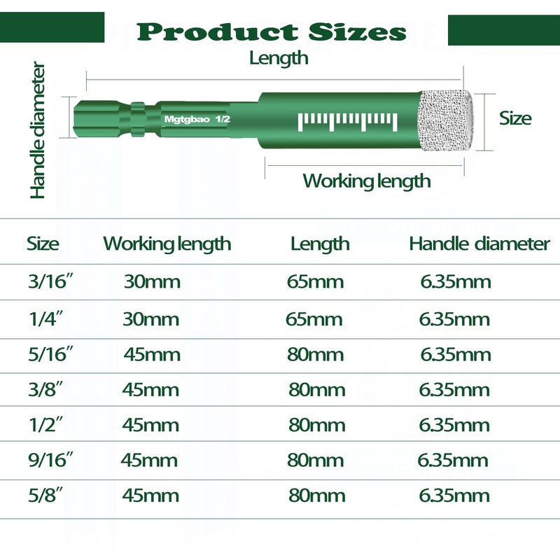 Mgtgbao 6pc Green1/4â€ Dry Diamond Drill Bits Setï¼Œ6PCS 6mm Hex Shank Core Drill Bit Brazed with Cooling Wax for Porcelain Tile Ceramic Concrete Granite Marble Hard Materials (not for Wood). - Image 2