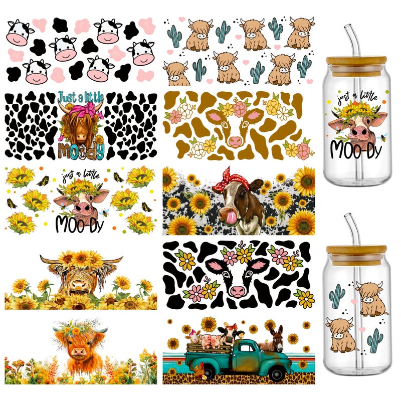 PEVOGON Cattle UV DTF Cup Wrap Transfer Stickers for Glass 10 Sheet Cow Rub on Transfers Decal for 17OZ Glass Cups Furnit Craft Wood DIY Crafts