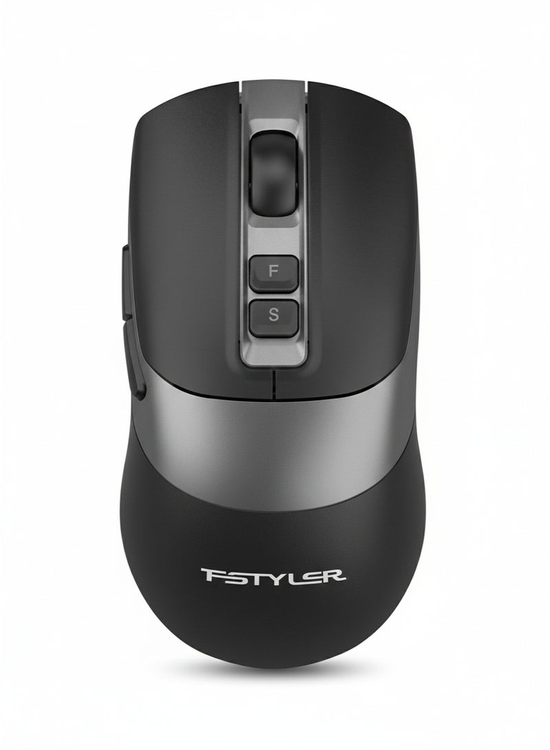 إيه 4 تيك ماوس Fstyler القابل للشحن ذو الوضعين اللاسلكي / البلوتوث مع نقرة صامتة، وظيفة النقر المزدوج، دقة 3200 نقطة في البوصة قابلة للتعديل على 5 مستويات، كابل شحن من نوع C، تحكم متعدد الأجهزة لأنظمة ويندوز / ماك / كروم أو إس / أندرويد، طراز FB50C، اللون الأسود.