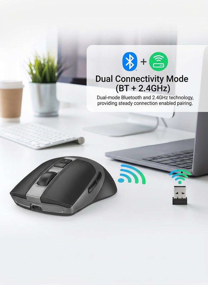A4TECH Fstyler Dual Mode Rechargeable Wireless/Bluetooth Mouse With Silent Click, Double-Click Function, 3200 DPI 5-Level Adjustable, Type-C Charging Cable, Multi-Device Control For Windows / Mac / Chrome OS / Android, FB50C, Black - Image 3