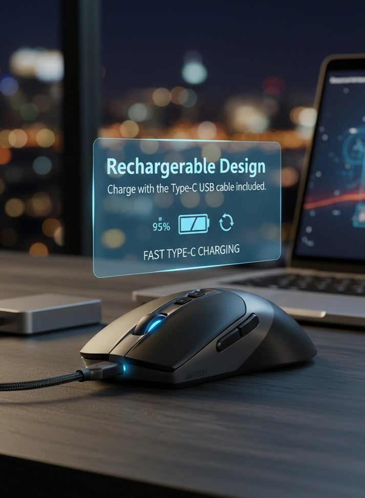 A4TECH Fstyler Dual Mode Rechargeable Wireless/Bluetooth Mouse With Silent Click, Double-Click Function, 3200 DPI 5-Level Adjustable, Type-C Charging Cable, Multi-Device Control For Windows / Mac / Chrome OS / Android, FB50C, Black - Image 5