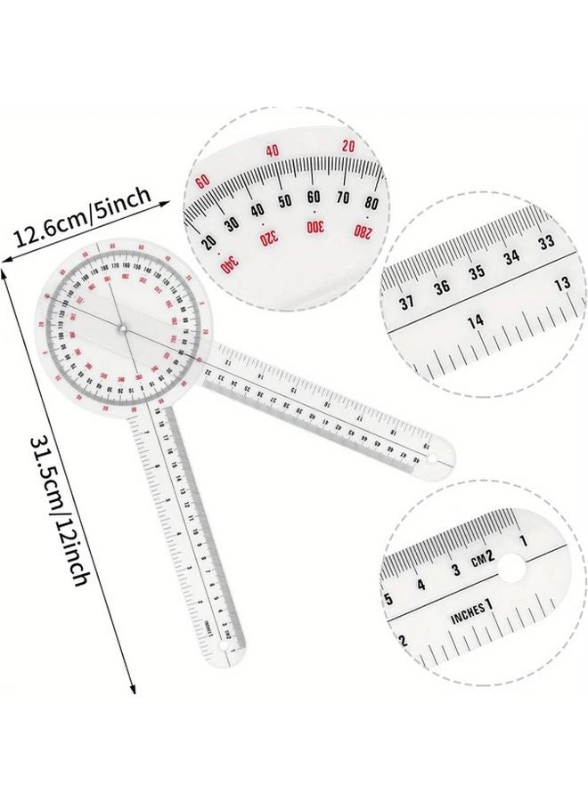 1pc 12 Inch Transparent Plastic Goniometer 360 Degree Orthopedic Angle Ruler Protractor - Image 3