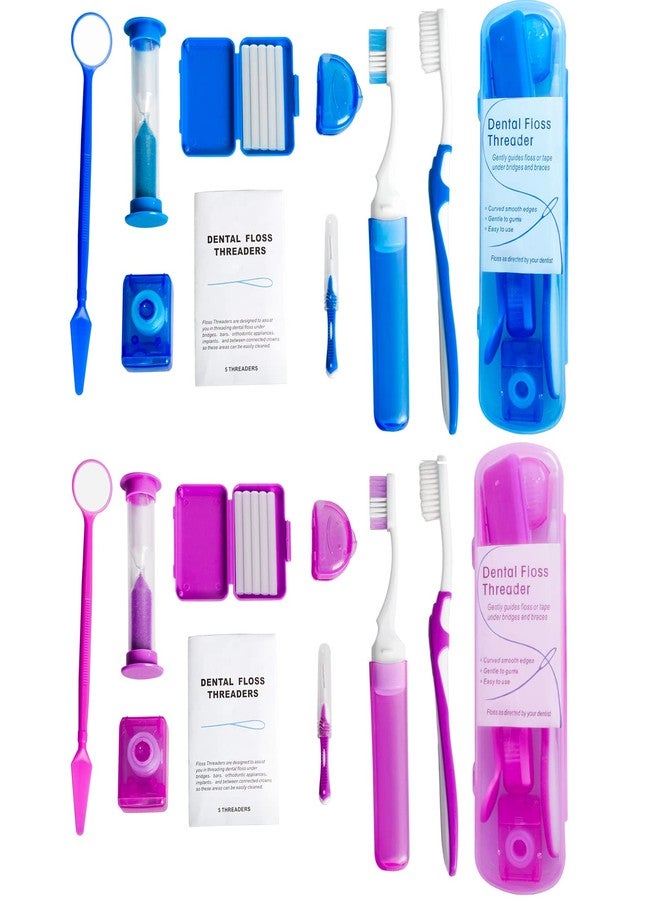 Wenge Portable Orthodontic Oral Care Kit - 2Pack - Travel Kit for Patients, Interdental Brushing Wax Floss Toothbrush Cleaning(Purple & Blue) - Image 1