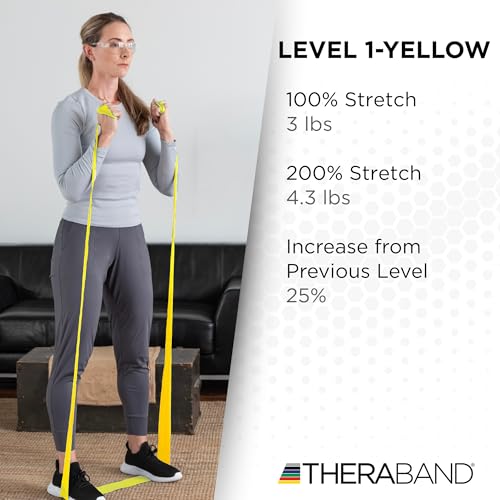 TheraBand شريط مقاومة ثيراباند، أصفر، خفيف، 50 ياردة، شريط مطاطي للتمارين، التمدد، العلاج الطبيعي، اليوغا، البيلاتس، تمارين المنزل، قابل للقص، مستويات ملونة - Image 4