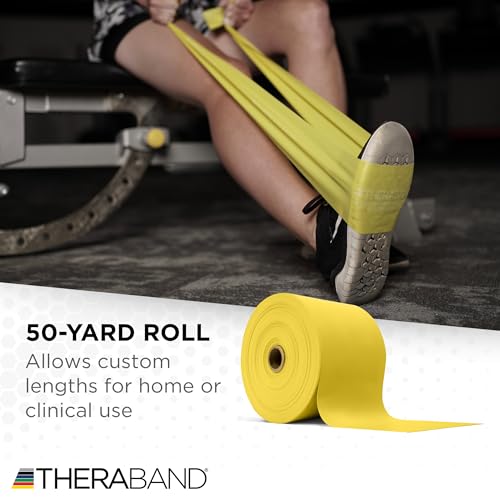 TheraBand شريط مقاومة ثيراباند، أصفر، خفيف، 50 ياردة، شريط مطاطي للتمارين، التمدد، العلاج الطبيعي، اليوغا، البيلاتس، تمارين المنزل، قابل للقص، مستويات ملونة - Image 5