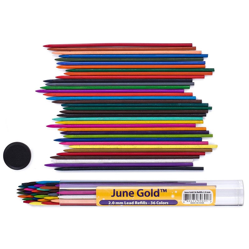 June Gold 36 Assorted Colored 2.0 mm Lead Refills, Bold & 90 mm Length, 36 Unique Colors, Pre-Sharpened, Break & Smudge Resistant - Image 1
