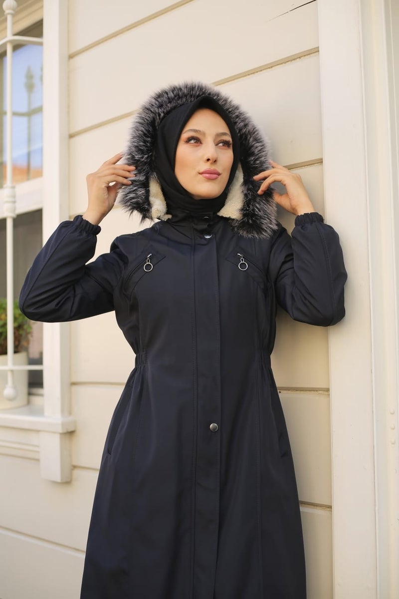Vibeys Collection Navy Blue Fur Lined and Waterproof Women's Winter Coat & Jacket  - Image 4