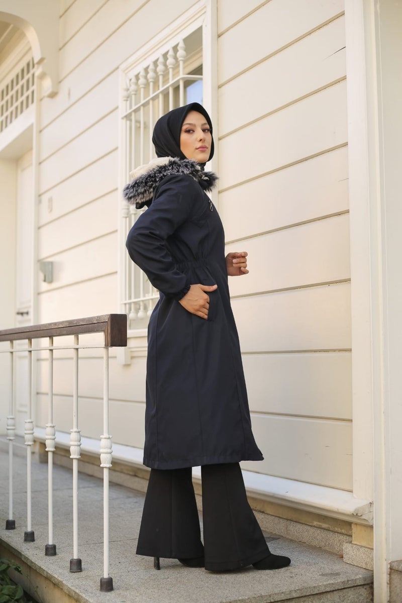 Vibeys Collection Navy Blue Fur Lined and Waterproof Women's Winter Coat & Jacket  - Image 3