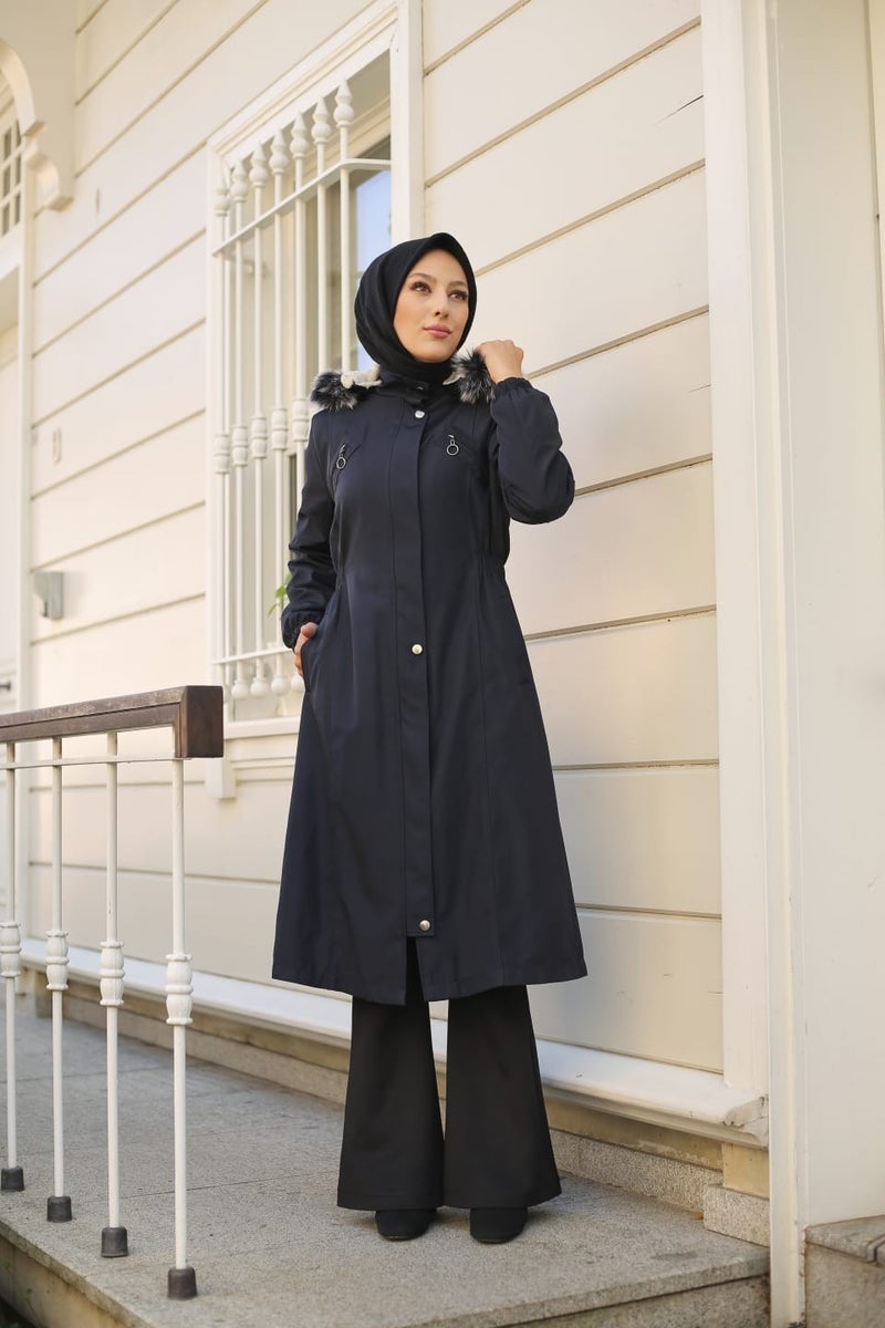 Vibeys Collection Navy Blue Fur Lined and Waterproof Women's Winter Coat & Jacket  - Image 1