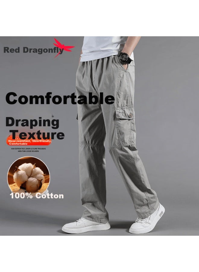 Red Dragonfly Men's Casual Cotton Pants Fashion Simple Durable Versatile Straight Loose Workwear Trousers Light Gray 5XL