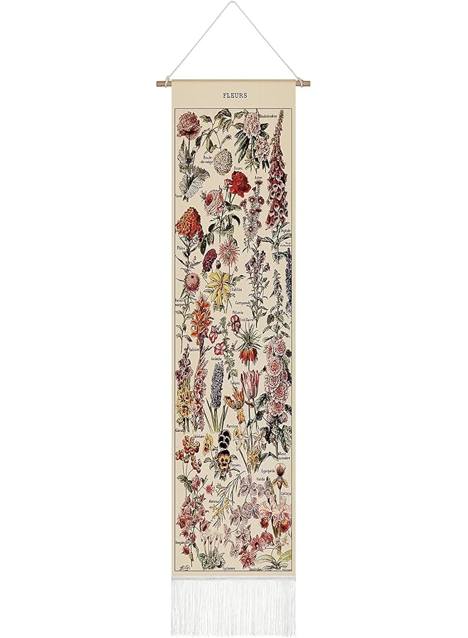 The Bros Vintage Flower Tapestry 52 x 13in, Long Tapestry Vertical Wall Hanging Reference Illustrative Botanical Tassel Tapestry for Bedroom Living Room Home Decoration - Image 1