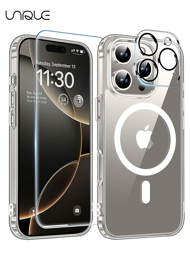 Unique 3 in 1 Magnetic Clear Case for iPhone 16 Pro Max, Tempered Screen Protector +Camera Lens Protector, Full-Body Protective Shockproof Slim Cover Compatible with MagSafe - Image 1