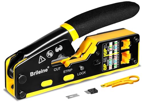 Brileine RJ45 Crimp Tool Pass Through Crimper for RJ45 Connectors Cat6 Cat6a Cat5 Cat5e Connector Ethernet Crimper Tool with Mini Cable Stripper