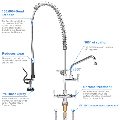 TNROTED 36 Inch Height Deck Mount Commercial Faucet with Pre Rinse Sprayer Single Hole Commercial Pre Rinse Restaurant Kitchen Faucet with 12 Swing Spout for Commercial Restaurant Home Kitchens Sink - Image 3