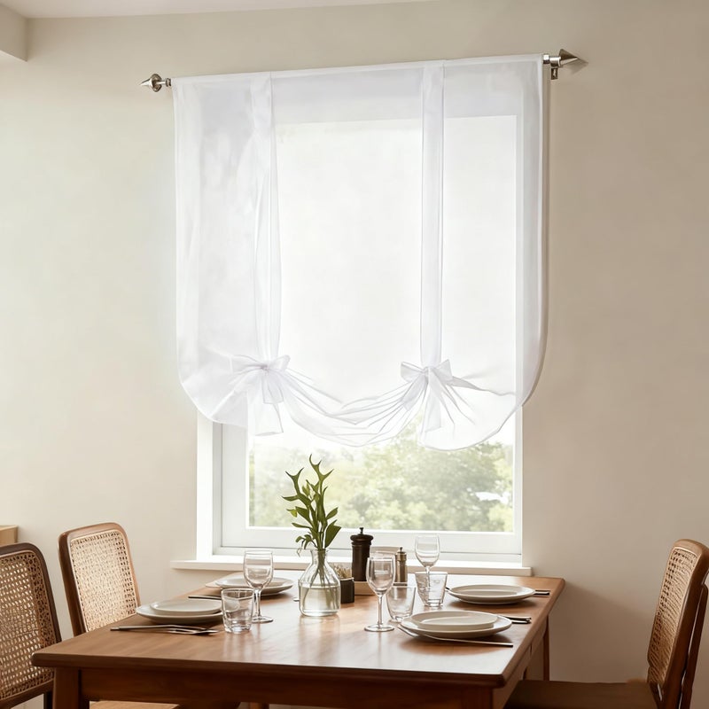 WPKIRA 1 Panel Ribbon Tie Up Solid White Roman Curtain Transparent Sheer Voile Balloon Shades with Solid Stripes Lift Sheer Curtain Drapes Voile Valances Cafe Kitchen W39 x L55 Inch - Image 2