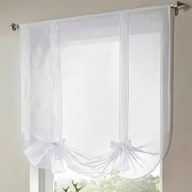 WPKIRA 1 Panel Ribbon Tie Up Solid White Roman Curtain Transparent Sheer Voile Balloon Shades with Solid Stripes Lift Sheer Curtain Drapes Voile Valances Cafe Kitchen W39 x L55 Inch - Image 1