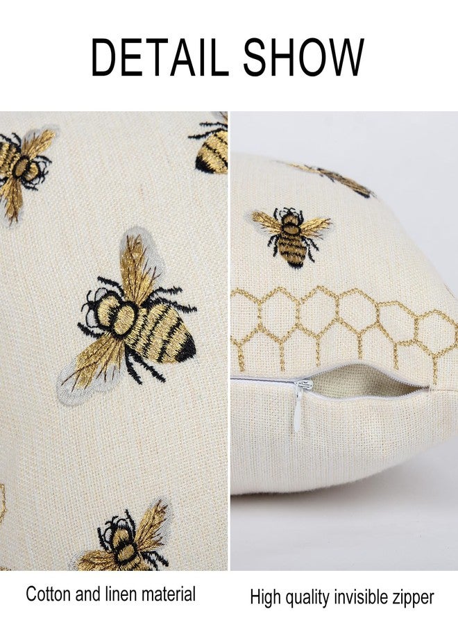 RinRinfam Honeycomb Throw Pillow Cover 12x 20, Gold Embroidered Bumble Lumbar Linen Pillow Cushion Case, Bee Farmhouse Home Decor for Outdoor Couch Bedroom Car - Image 3