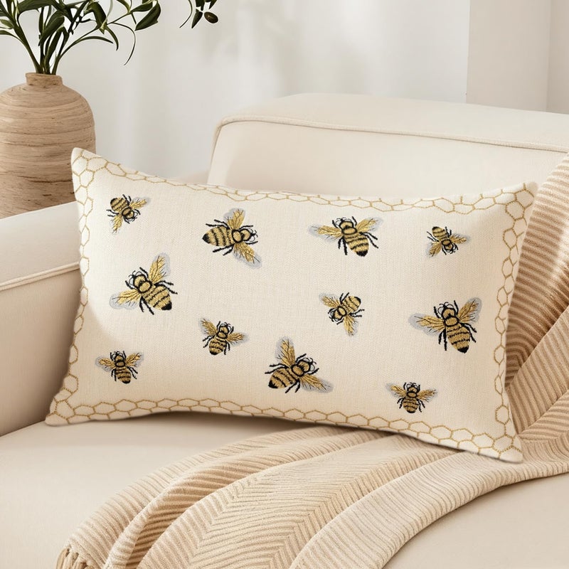 RinRinfam Honeycomb Throw Pillow Cover 12x 20, Gold Embroidered Bumble Lumbar Linen Pillow Cushion Case, Bee Farmhouse Home Decor for Outdoor Couch Bedroom Car - Image 1