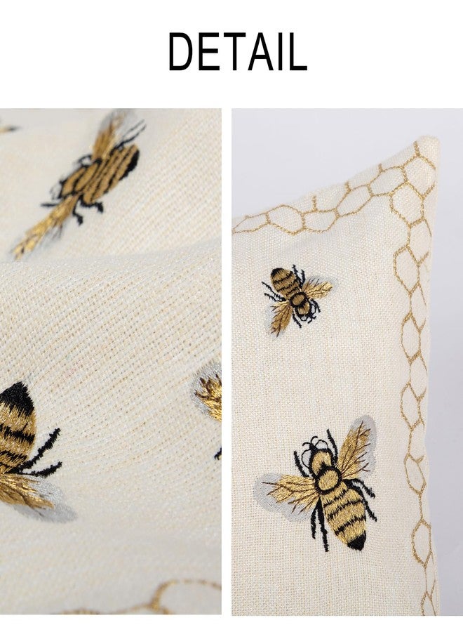 RinRinfam Honeycomb Throw Pillow Cover 12x 20, Gold Embroidered Bumble Lumbar Linen Pillow Cushion Case, Bee Farmhouse Home Decor for Outdoor Couch Bedroom Car - Image 2