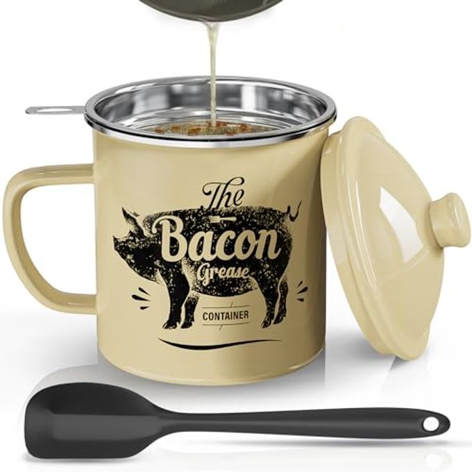 Bacon Grease Container With Strainer, 46OZ Large Enamel Grease Container, With Silicone Spatula, Farmhouse Bacon Grease Keeper, Cooking Oil Container For Kitchen Fat Storage, Dishwasher Safe-Black