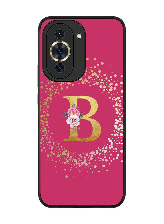 Rugged Black edge case for Huawei nova 10 Pro, Slim fit Rubber Edges  -  Custom Monogram Initial Letter Floral Pattern Alphabet - B  (Dark Pink Rose )