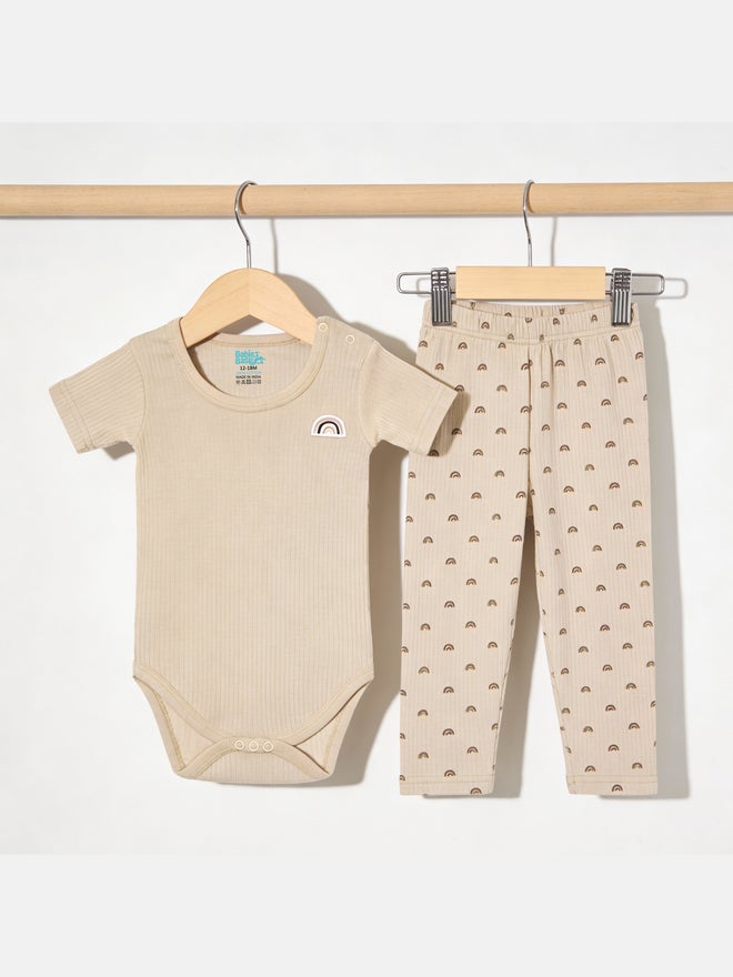 Babies Basic Premium Ribbed Cotton Printed Short Sleeves Romper and Pyjama Set - Image 4