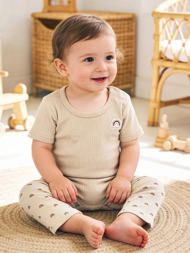 بابيز_بيسك Babies Basic Premium Ribbed Cotton Printed Short Sleeves Romper and Pyjama Set