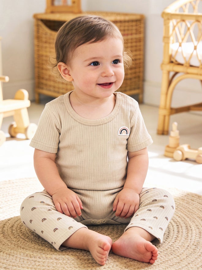 Babies Basic Premium Ribbed Cotton Printed Short Sleeves Romper and Pyjama Set - Image 2