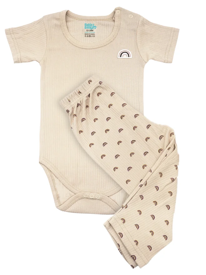 بابيز_بيسك Babies Basic Premium Ribbed Cotton Printed Short Sleeves Romper and Pyjama Set