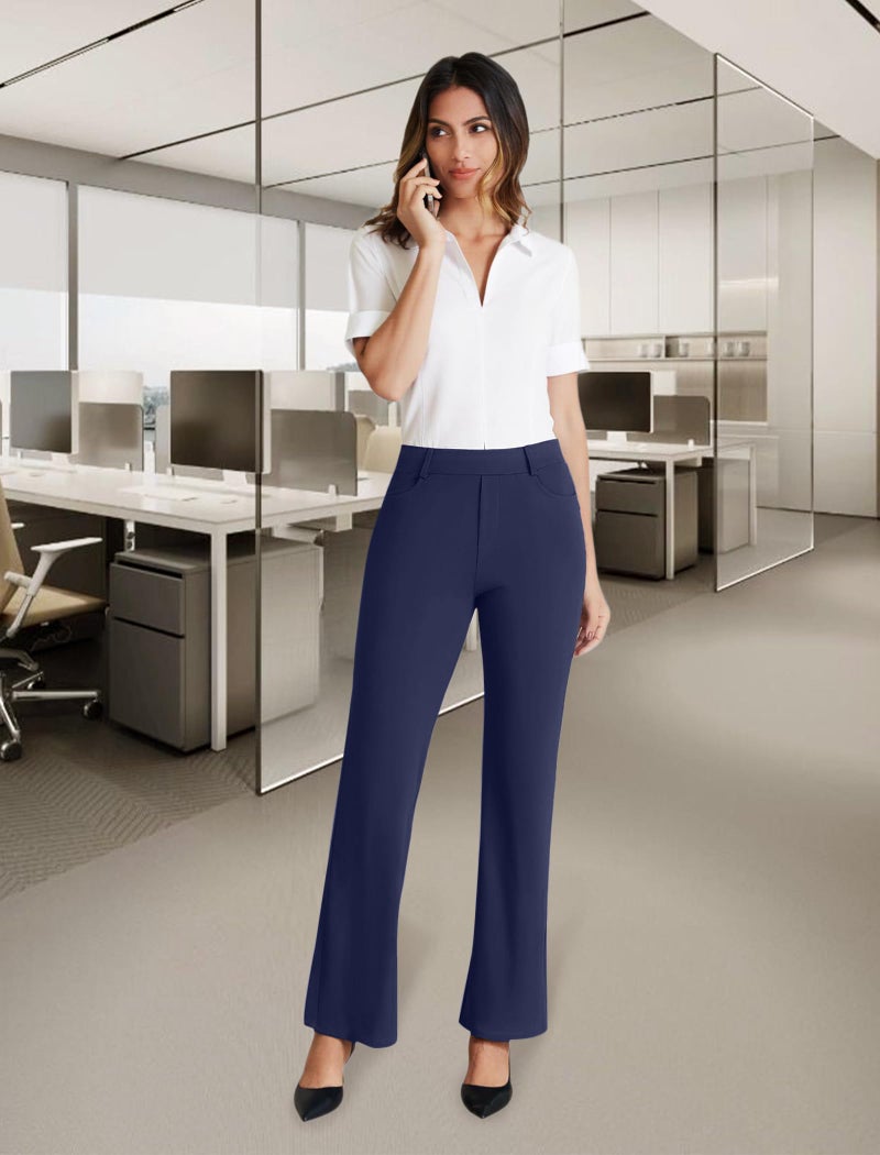 DLOODA Dress Work Pants Women Business Casual Slack Trousers Stretchy Pull On Office Flare Pants with Pocketsï¼ˆNavy Blue Mï¼‰ - Image 2