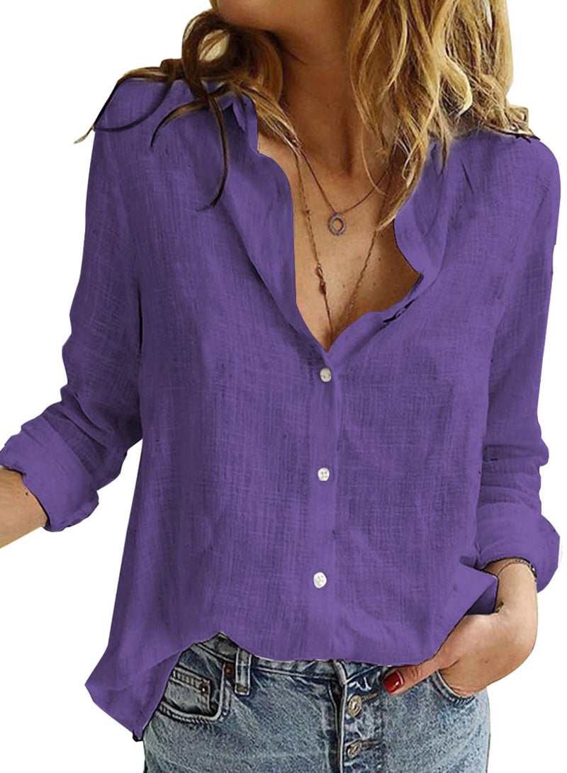 Astylish Linen Top for Women Solid Color Lightweight Comfy Blouses & Button-Down Shirts Purple XX-Large - Image 1